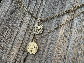 Small Antiqued or Shiny Gold Bronze St Michael Medal, Antique Replica of Rare French Medallion, Smaller Saint Michael the Archangel Pendant