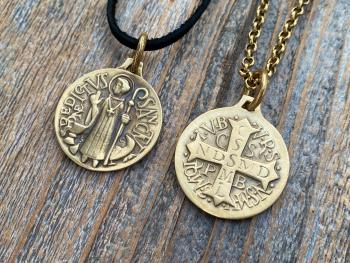 Large Gold Bronze French St Benedict Medallion, Antique Replica of Artist J Balme Medal, Big Holy Father Saint Benedicti Pendant from France