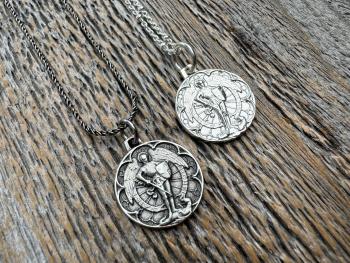 Small Antiqued or Shiny Sterling Silver St Michael Medal, Antique Replica of Rare French Medallion, Saint Michael the Archangel Pendant
