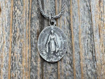 Sterling Silver Oval French Miraculous Medal Pendant, Antique Replica of Rare Adolph Penin Signed Miraculous Medallion from France, Antiqued