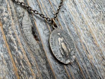 Bronze Oval French Miraculous Medal Pendant, Antique Replica of Rare Adolph Penin Signed Miraculous Medallion from France, Antiqued