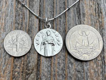 Fertility Saint Colette of Corbie Shiny Sterling Silver Medallion Pendant, Antique Replica French Artist Tricard, Saint of Expectant Mothers