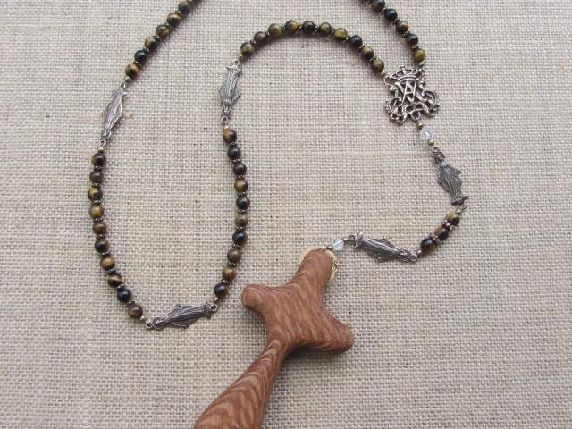 Comfort Cross Rosary, Australian Lacewood Palm Cross, Yellow Tigereye Gemstones, Ave Maria Bronze Center, Bronze Miraculous Medal Mary Beads