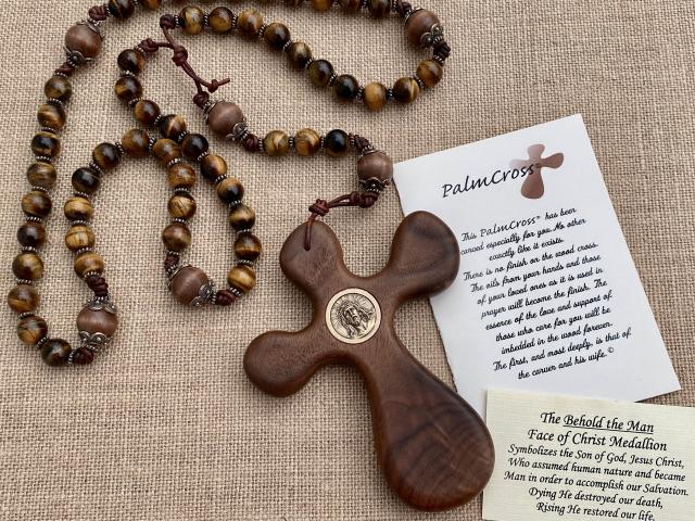 Walnut ByRon PalmCross with Face of Christ Medallion Bronze Antique Replica & Yellow Tigereye Gemstone Rosary Palm Comfort Cross Wall Rosary