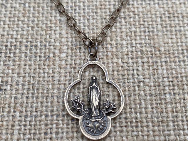 Bronze Our Lady of Lourdes Pendant Necklace, French Antique Replica, Mary Medal, Immaculate Conception, Saint Bernadette, Quatrefoil Shape