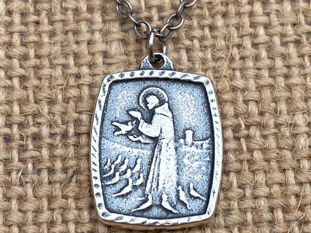 St. Francis of Assisi Sterling Silver Blessing Prayer Medal Pendant Necklace, Saint Catholic Italian, Antique Replica, Lord Bless You Keep