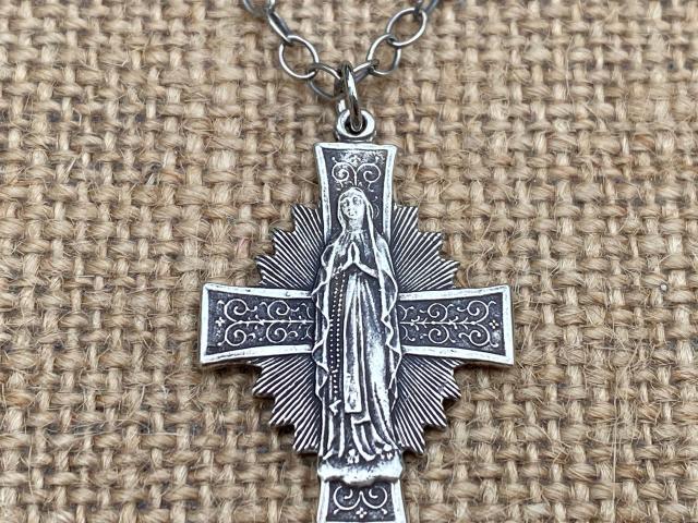 Sterling Silver Radiant Mary Cross Medal Pendant, Antique Replica, Adjustable Length Necklace, Blessed Virgin Mary, Our Lady of Guadalupe