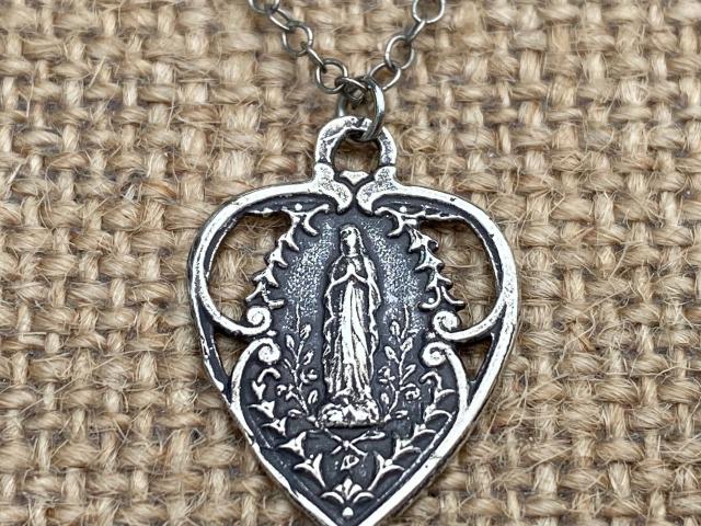 Sterling Silver Our Lady of Lourdes Heart Medal, Antique Replica, Pendant Necklace, Blessed Virgin Mary, French Marian Medal, From France
