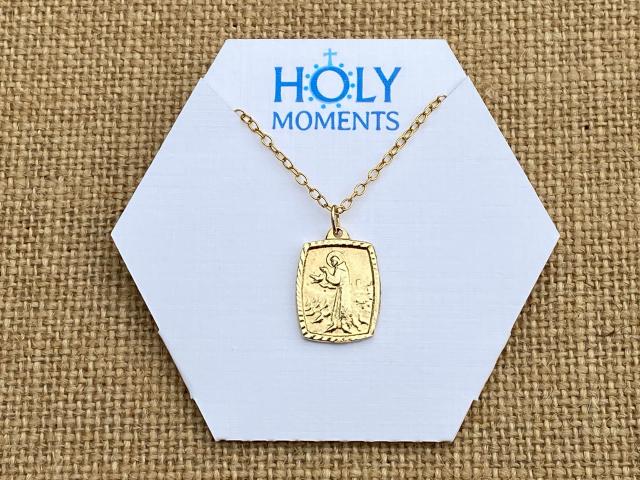 St. Francis of Assisi Gold Blessing Prayer Medal Pendant Necklace, Saint Catholic Italian, Antique Replica, May Lord Bless You and Keep You