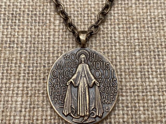 Bronze French Miraculous Medal Pendant, Adjustable Length Necklace, Antique Replica, Immaculate Conception, Large Miraculous Medallion, MM1