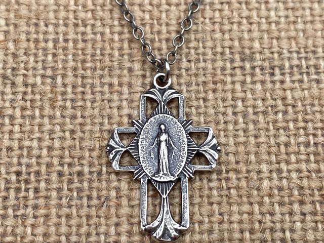 Sterling Silver Miraculous Medal Cross Pendant Necklace, Antique Replica, Our Lady of Grace, Blessed Virgin Mary, Our Lady of the Miracle