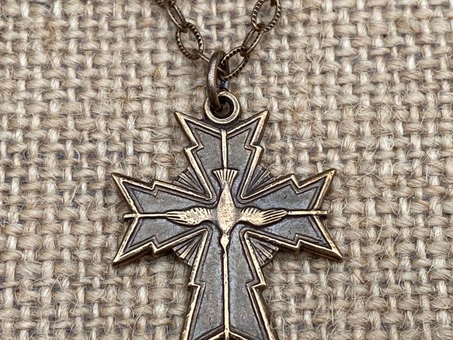 Bronze Holy Spirit Dove Cross Medal Pendant Necklace, Antique Replica, Cross with a Holy Spirit Dove at the center, Descending Dove Necklace