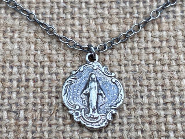 Sterling Silver Small Miraculous Medal, Antique Replica, Pendant Necklace, Blessed Virgin Mary, Our Lady of Lourdes, Our Lady Miracle, MM3