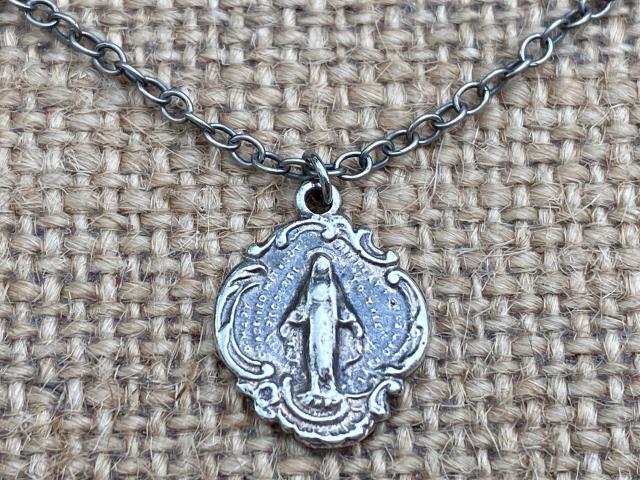 Sterling Silver Small Miraculous Medal, Antique Replica, Pendant Necklace, Blessed Virgin Mary, Our Lady of Lourdes, Our Lady Miracle, MM3