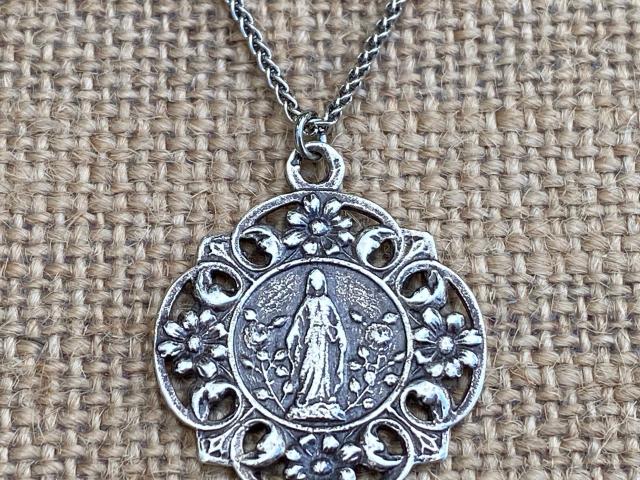 Sterling Silver Mary in a Flower Garden Our Lady of Grace Lourdes Antique Replica Medal Necklace Marian Holy Virgin Mother Fatima, Catholic