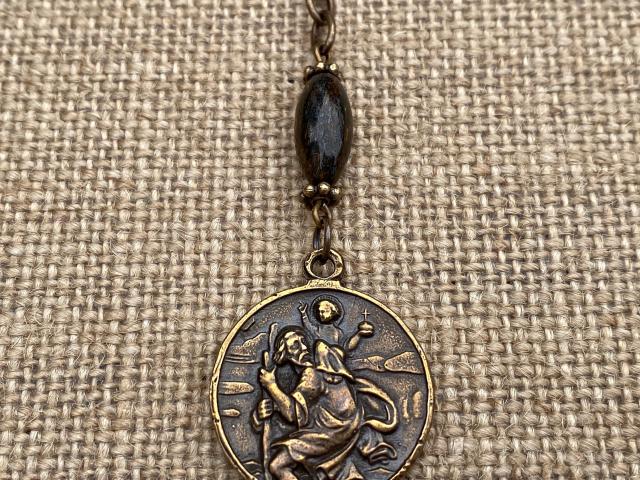 Bronze Rearview Mirror St. Christopher and Our Lady of the Way Good Road Car Accessory Mirror Hanging Hang Dangling Antique Replica Bronzite
