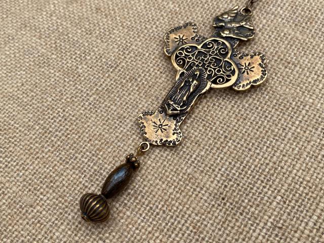 Bronze Rearview Mirror Our Lady of Guadalupe Cross, Religious Car Accessory, Castilian Rose, Cross to hang from Mirror, Antique Replica
