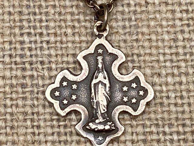 Bronze Crowned Mary with 12 Stars Medal Pendant and Necklace, Our Lady of Lourdes, French Antique Replica, Immaculate Conception, Immaculata
