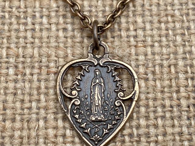 Bronze Our Lady of Lourdes Heart Medal Pendant Necklace, Antique Replica, Blessed Virgin Mary, Our Lady of Grace, Immaculate Conception