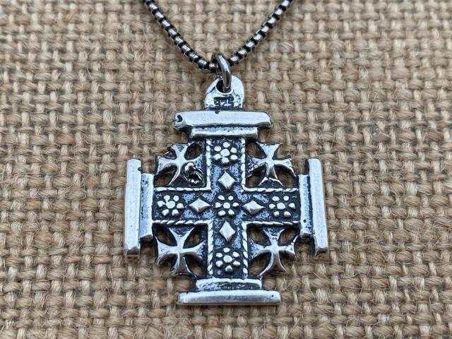 Sterling Silver Jerusalem Cross Pendant Necklace, Antique Replica Medal, Five-Fold Cross, Five Wounds of Christ Cross, Cross-and-Crosslets