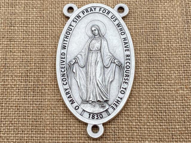 Custom Oversized 3.25" Tall Miraculous Medal Rosary Center from Italy, Large Non-tarnishing Silver Metal Lasso Wall Rosary Group Rosary Big