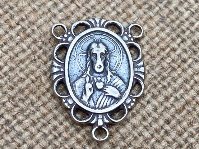 Sacred Heart of Jesus Antique Replica Rosary Center Centerpiece Sterling Silver Historical Reproduction DIY Rosary Parts Oval Large Big Gift