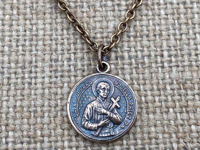 Bronze Saint Gerard Majella Medal Pendant Necklace, French Antique Replica, Artist Penin, Patron Saint of Expectant Mothers, of Fertility