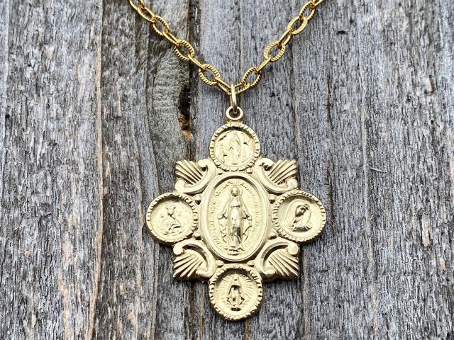 Rare Gold Marian Apparitions Medal, Antique Replica, Marian Devotions Pendant, Miraculous Medal, Our Lady of Lourdes, Blessed Virgin Mary