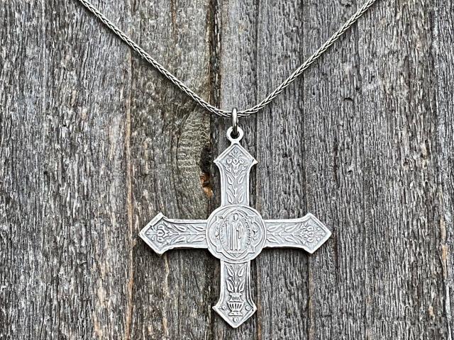 Sterling Silver St. Benedict Cross Medal Pendant, French Antique Replica, Necklace, 19th Century France, .925 Sterling Silver, Rare Cross