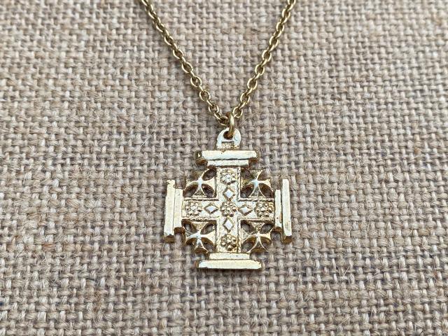 Gold Jerusalem Cross Pendant Necklace, Antique Replica Medal, Crusader's Cross, Five Wounds of Christ, Cross-and-Crosslets, Heraldic Cross