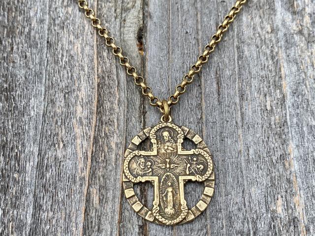 Antique Gold Five 5 Way Medal Antique Replica Necklace Chain 5-Way Scapular 4-Way 4 Way Cross Catholic Unisex Miraculous Medal Gold Bronze
