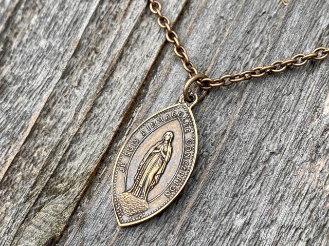 Bronze Immaculate Conception & Sacred Heart of Jesus French Antique Replica Medal Necklace Our Lady of Lourdes, Signed Penin Lyon France