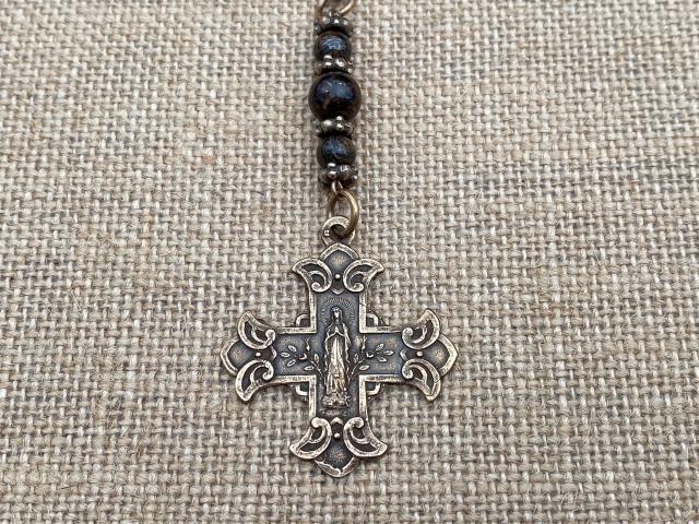 Rearview Mirror Bronze Cross Medal, Antique Replica, Jesus & Blessed Virgin Mary Reversible Scapular Cross, Cross for Rear View Mirror, Car