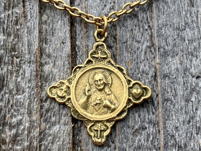 Antique Gold Sacred Heart of Jesus Pendant, Faith Hope & Love Symbols, Antique Replica, Medal Necklace, Holy Spirit Dove, Cross Anchor Heart