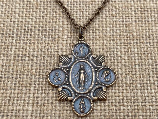 Rare Bronze Marian Devotions Miraculous Medal, Pendant Necklace, Antique Replica, Our Lady of Lourdes, Bronze 19th Anniversary Gift for Wife