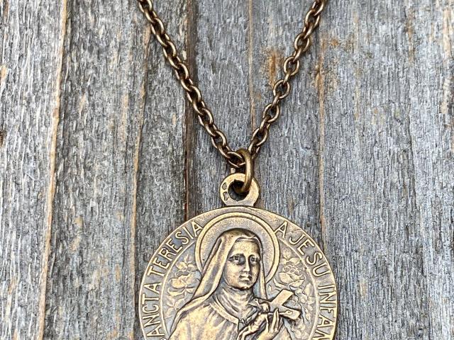 Bronze Rare St Thérèse of Lisieux Medal & Necklace, French Antique Replica, Sancta Teresia, St Theresa of the Child Jesus, The Little Flower