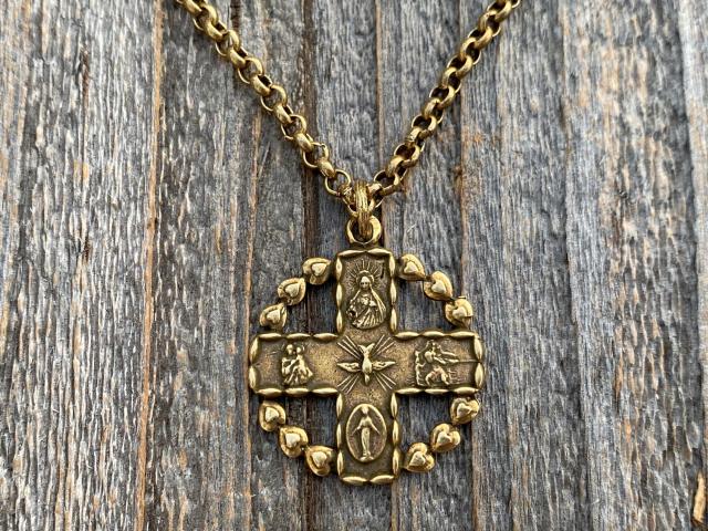 Antique Gold 5-Way Cross Medal, Antique Replica, Pendant Necklace, 4-Way Catholic Medal, Border of Hearts, Holy Spirit Dove Center, Unusual