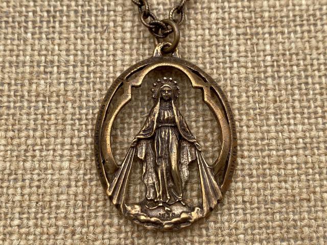 Bronze Large Openwork Miraculous Medal Pendant Necklace, Antique Replica, Rare unusual Antique, Blessed Virgin Mary, Mother Mary, Our Lady