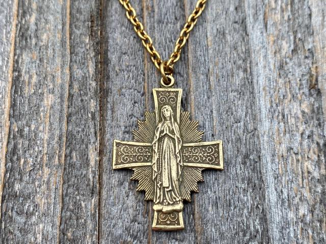 Antique Gold Radiant Mary Medal, Antique Replica, Pendant Necklace, Radiant Cross, Our Lady of Lourdes, Blessed Virgin Mary Pendant Necklace