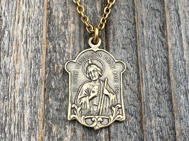 Antique Gold St Jude Thaddeus Medal Pendant Necklace, Antique Replica, Patron Saint of Desperate Causes, Patron Saint of Hope, Apostle Jesus