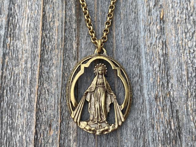 Antique Gold Large Openwork Miraculous Medal Pendant Necklace, Antique Replica, Rare unusual Antique, Blessed Virgin Mary, Our Lady Miracles