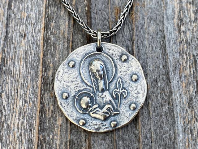 Sterling Silver Large Mary and Baby Jesus Fleur de Lis Pendant, Antique Replica French Medal, Sterling Silver Wheat Chain, Elie Pellegrin