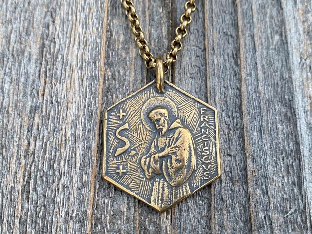 Large Bronze Saint Francis of Assisi Blessing Prayer Medal, Italian Antique Replica, Pendant Necklace, Hexagon-Shaped Big Medal from Italy