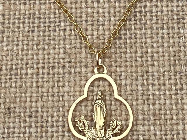Gold Our Lady of Lourdes Medal Pendant Necklace, French Antique Replica, Immaculate Conception, Notre Dame de Lourdes Medallion, Mary Marian
