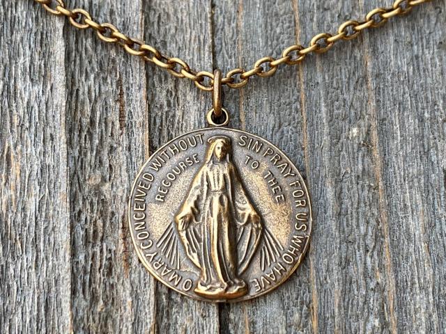 Bronze Miraculous Medal Pendant and Necklace, Antique Replica, Round Miraculous Medal, Our Lady of the Miracle, Blessed Virgin Mary. MM2