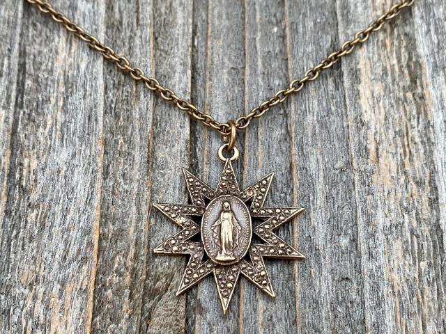 Bronze Sun Shaped Miraculous Medal Pendant Necklace, Antique Replica, Art Nouveau Miraculous Medal, Our Lady of Miracles Blessed Virgin Mary