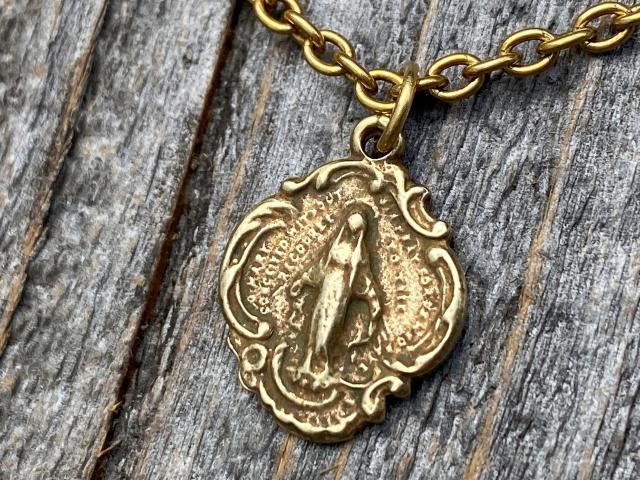 Antique Gold Small Miraculous Medal Pendant Necklace, Antique Replica, Art Nouveau, Our Lady of Grace, Blessed Virgin Mary Medal Pendant MM3