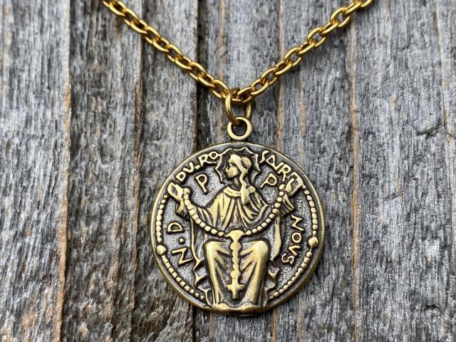 Antique Gold Notre Dame du Rosaire Medal, Our Lady of the Rosary Pendant Necklace, French Antique Replica, Blessed Virgin Mary Rare Pendant