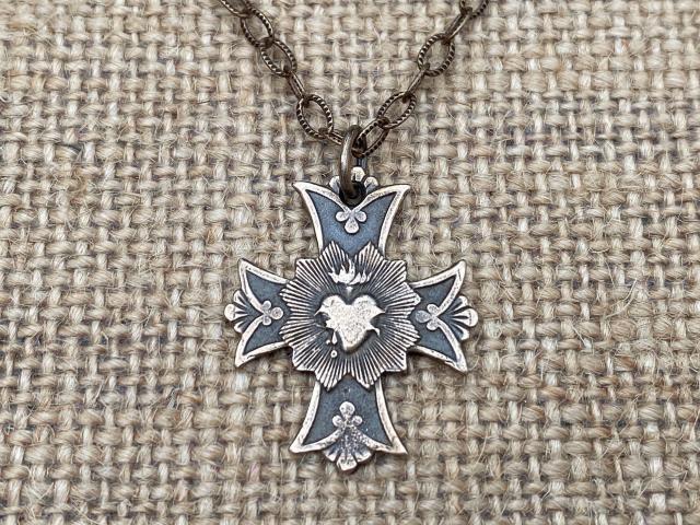 Bronze Most Sacred Heart of Jesus Cross Pendant Necklace, Antique Replica, Consecration to the Sacred Heart of Jesus, Sacred Heart Devotion