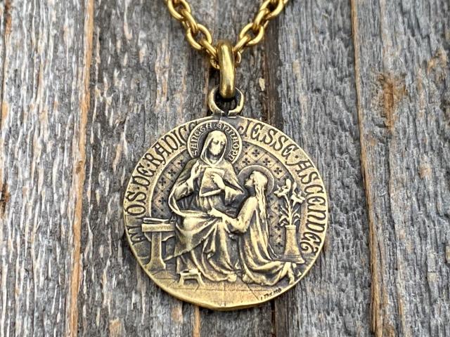 Antique Gold St Anne Medal Pendant Necklace, Antique Replica, French Artist Louis Tricard, Holy Anna Ora Pro Nobis, Saint Anne Pray for Us